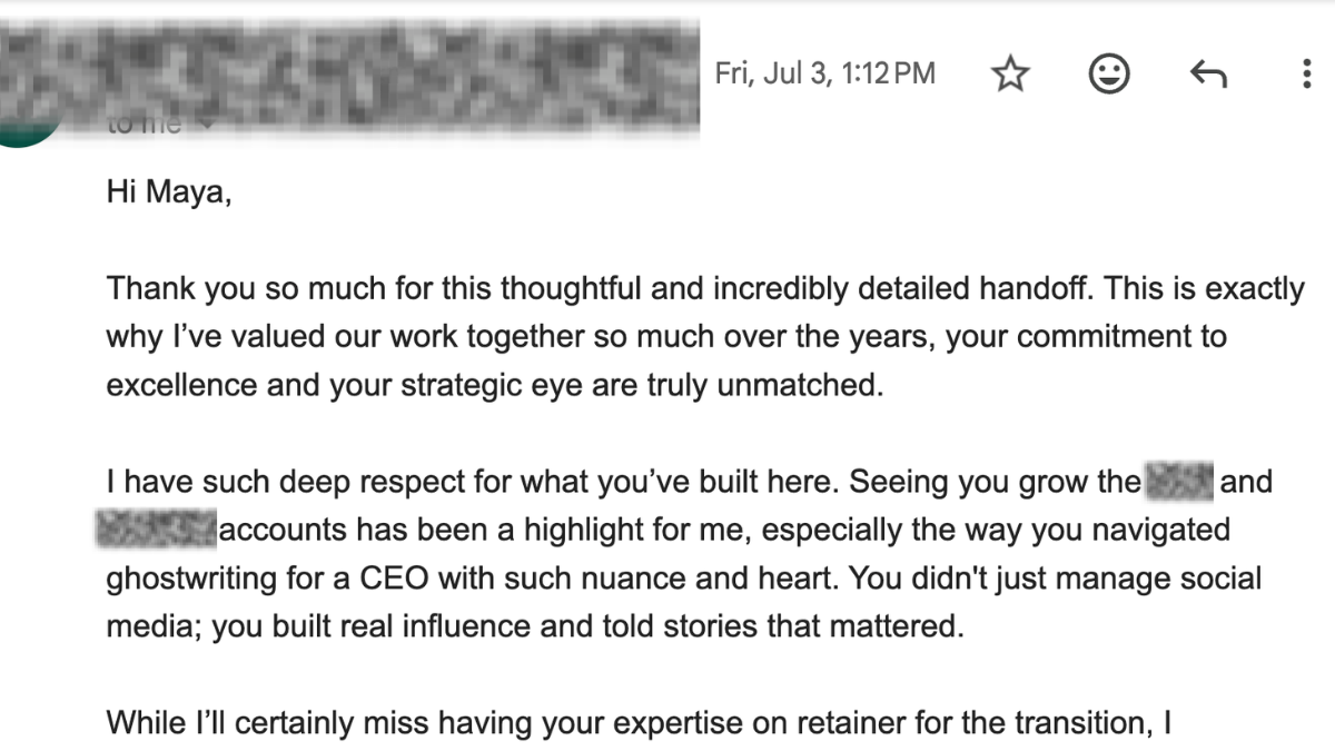 Client email praising Maya's detailed handoff and strategic eye