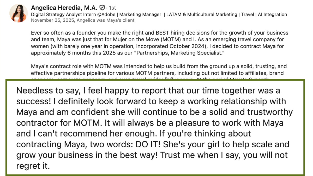 LinkedIn recommendation from Angelica Heredia, founder of Mujer on the Move