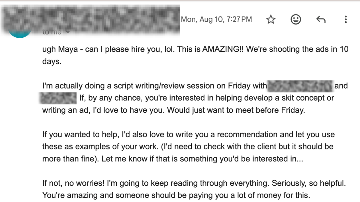 Client email asking to hire Maya after reviewing her ad concepts